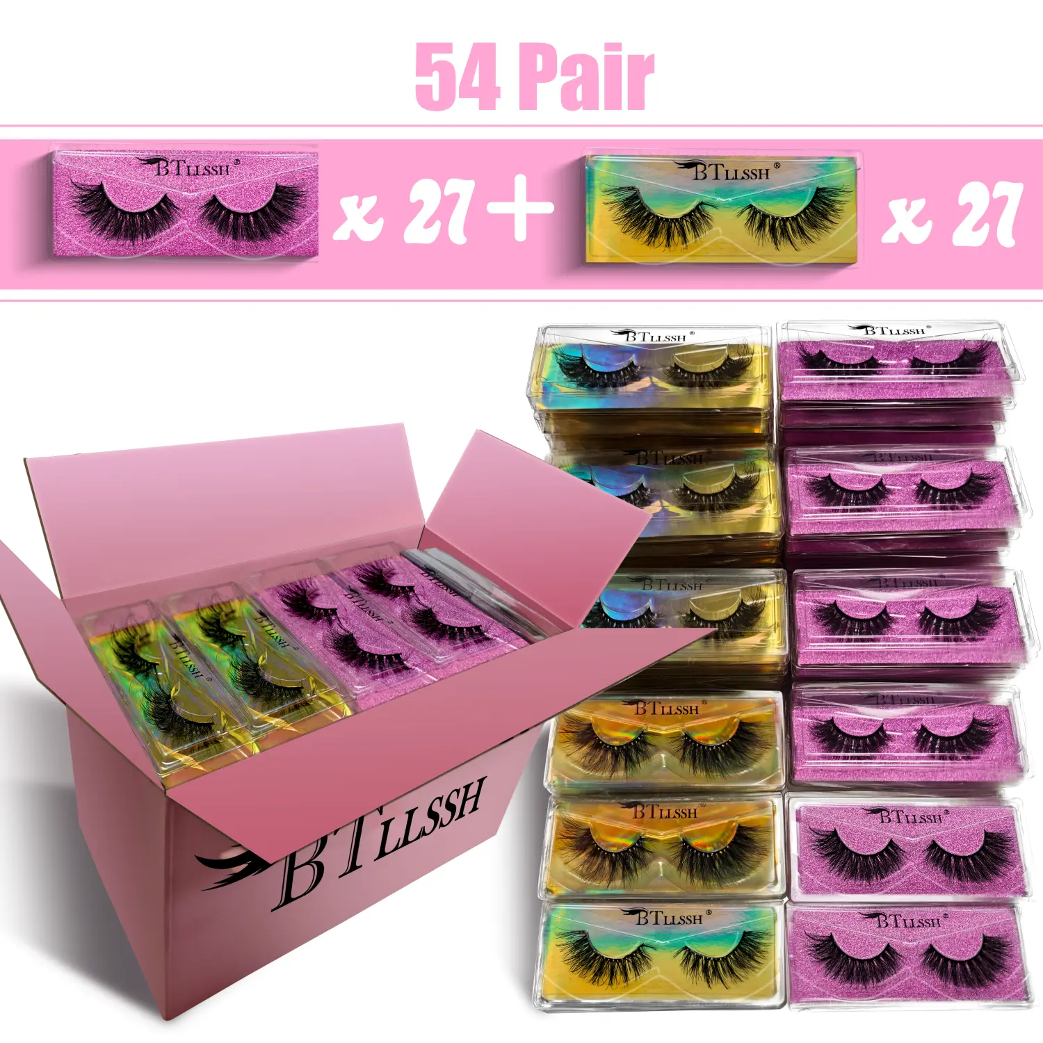BTLLSSH Lash 54Pairs 2Styles MIX False Eyelashes Faux Mink Handmade Volume Natural Makeup Cosmetic for Everyday Use
