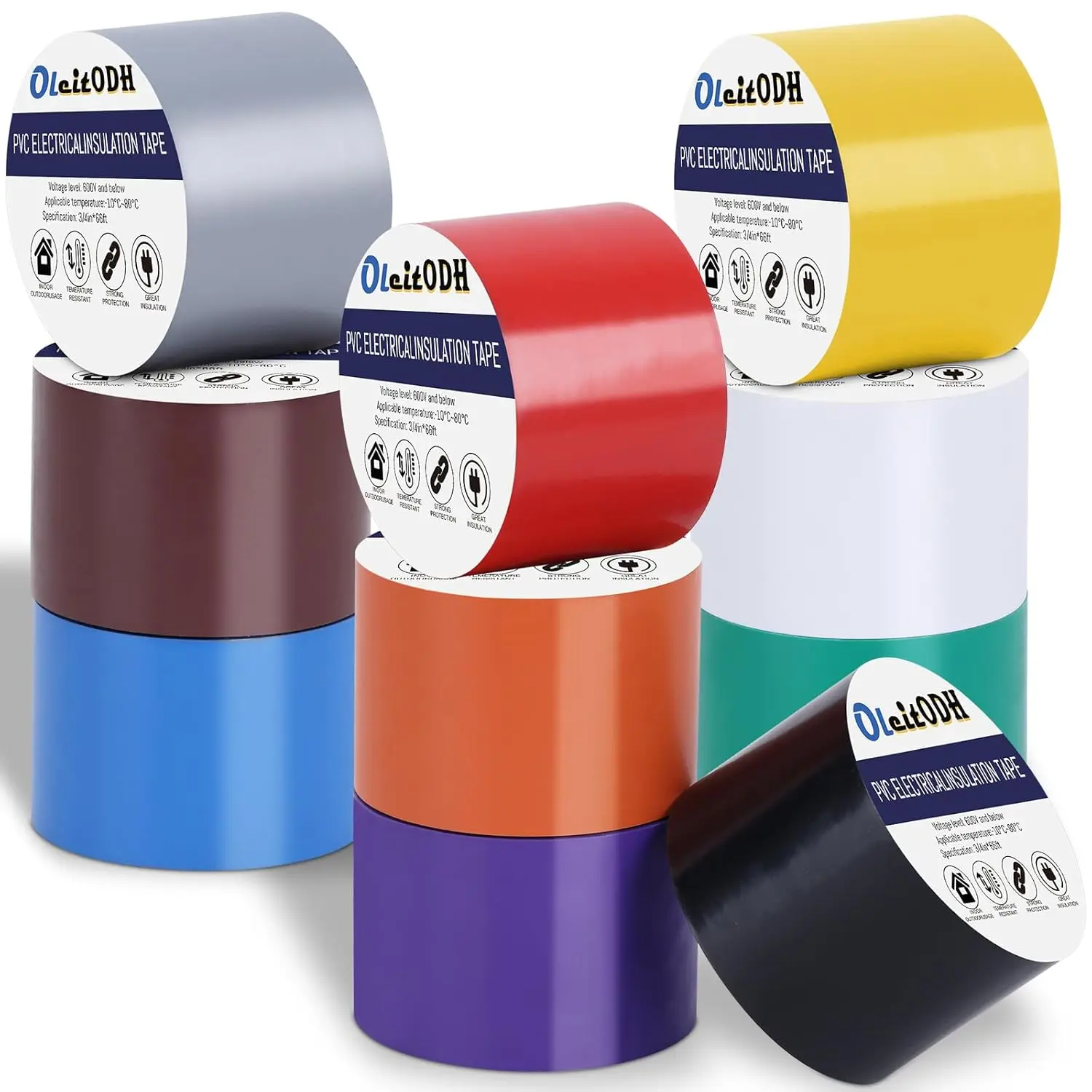 Oleitodh 10 Pack Colored Electrical Tape 2 in x 66 ft Waterproof Electrical Insulating Tape High Temperature Resistance Electric Tape Under 600V Home Outdoor Multipurpose Multicolor Vinyl Tape