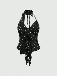 AREUM Sexy Y2K Polka Dot Chiffon Allover Print Ruffle Trim & High Collar Design Women Camisole