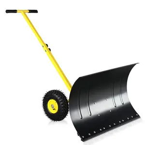 Snow Shovel with Wheels, 29" Wide 18" Long Snow Plow Shovel Angle & Height Adjustable Padded Handle Efficient Snow Clean Tool for Driveway or Pavement (Yellow)