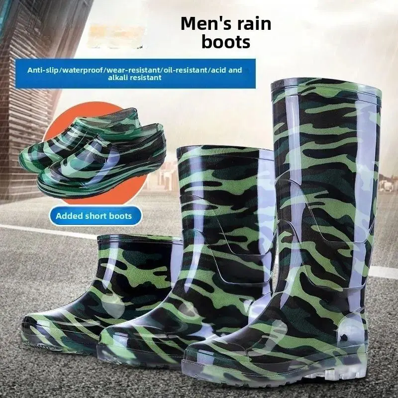 Tall Tube Camouflage Rain Boots Adult Waterproof and Non-slip Men's Camouflage Rain Shoes Water Shoes Botas Para Lluvia