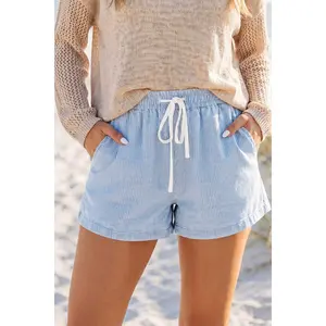 Sky Blue Stripe Drawstring Elastic Waist Casual Denim Shorts  Womenswear  Fit Summer