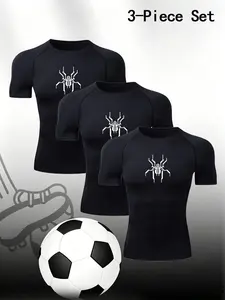 Men's 3-Pack Black Compression T-shirts Sports Tee Spider Print Quick Dry Breathable Slim Fit Short Sleeve Workout Training Tops for Gym Running Soccer