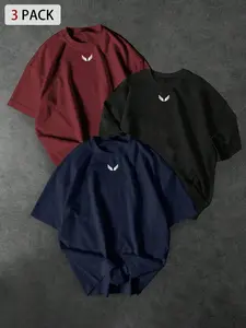 Men's Casual Streetwear 3 Pack Tees, Minimalist Wing Print, Oversized Short Sleeve, Crew Neck, Fitted, All Seasons, Sporty Style