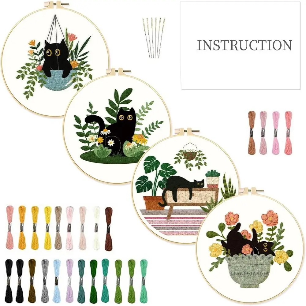 DIY Embroidery Kit, 1 Set Including 4 Cat & Plant Pattern Embroidery Cloth, 2 Hoop, 6 Needle, 1 Threader, 1 Scissor, 38 Color Embroidery Floss, Embroi