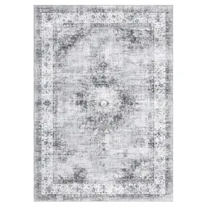 【Christmas Gift】4 x 6 ft Polyester Grey Rectangular Living Room Bedroom Dining Room Floral Medallion Vintage Machine Washable Area Rug