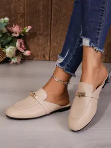 Women's High-End Genuine Leather Mules, French Metal Buckle Decor, Flat Sole Small Toe Half Slippers, Fashion PU Upper Material