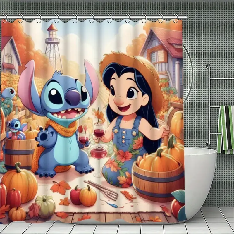DISNEY CLASSIC Lilo & Stitch Shower Curtain, Enchanting Autumn Harvest Scene with Pumpkins and Wine, Bathroom Decoration Accessories - Ideal for Stitch Fans' Bathrooms