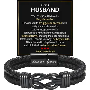 Gifts for Men- 8.5" Black Braided Leather Infinity Knot Bracelets for Him Husband Boyfriend, Personalized Mens Bracelet Jewelry Gift for Birthday Christmas Anniversary Valentine's Day