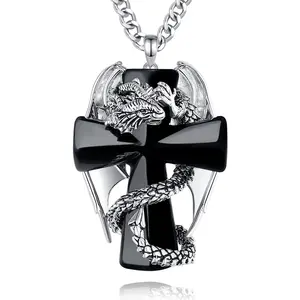 Eudora Men Gothic Dragon Wrap Black Cross Pendant Necklace Mythical Winged Creature Guardian Religious Jewelry Retro Cool Spirit Gift