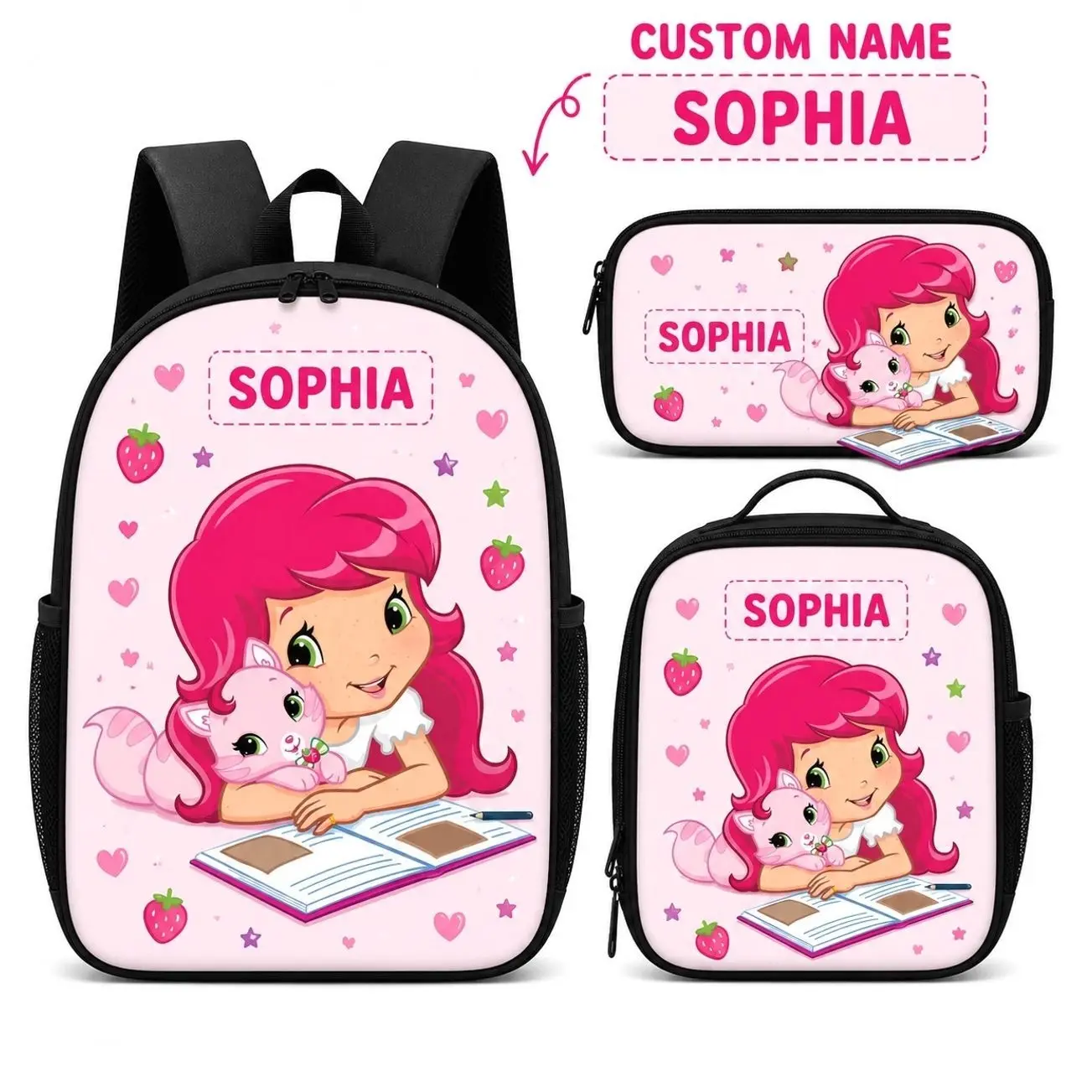 Personalized Sweet Strawberry Blossom Student Bag Set | 3Pcs Backpack Insulated Lunch Tote Pencil Pouch | Custom Kids Birthday Gift Box