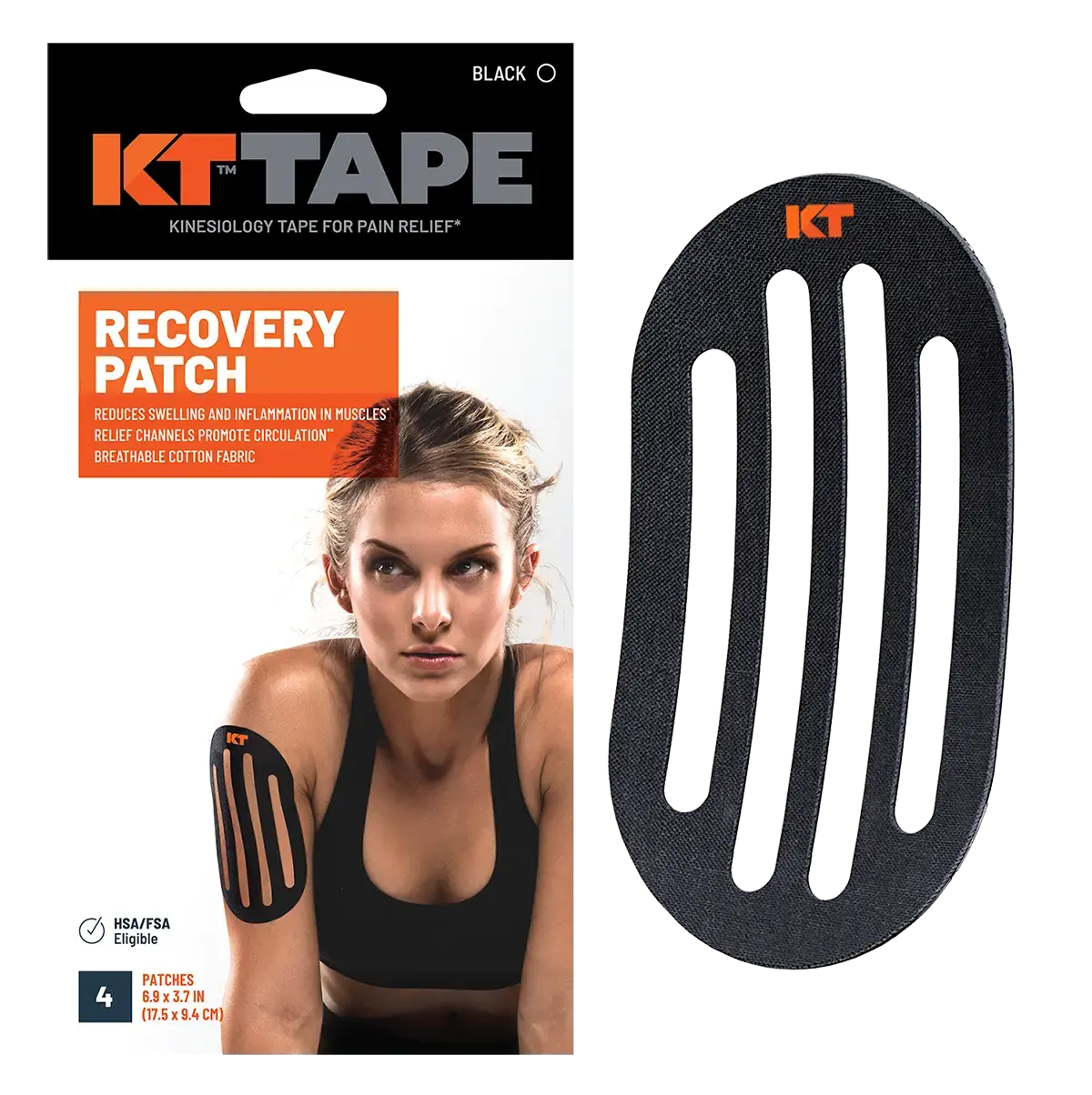 KT Tape Recovery Patch to Reduce Inflammation & Swelling in Muscles - Black Breathable Adhesive Cotton with Elastic Core - Targeted Relief