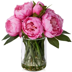 VeriNatural 12” Artificial Peony in Vase with Faux Water, Peach-Red or Purple-Red Silk Arrangement, 9-10 Blooms, 82 Leaves, 9 Stems, Home & Office Decor