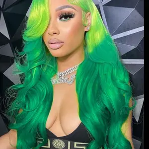 26 Inch Ombre Green Long Wavy Wigs for Women, Gorgeous Fluffy Wigs with Baby Hair, Synthetic Lace Front Wigs for Party, Daily Use, Body Wave Wig