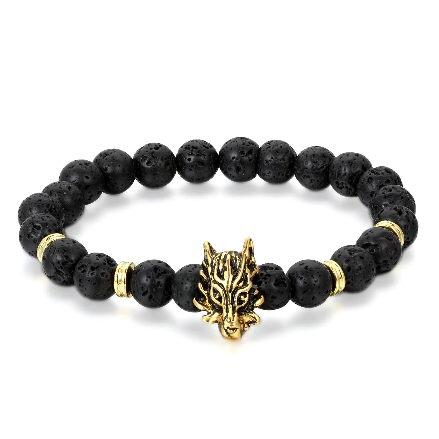 OIDEA Male Natural Stone Bangle - 8mm Lava Stone Diffuser Bracelet with Gold Dragon Head Focal Beads, for Aromatherapy, Wellness, Meditation, Dragon & Wellness Gift, Casual Wear