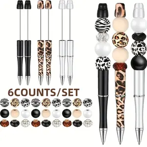 Back to School DIY Bead Pen Kit - 6 Animal Print Zebra Cow Leopard Pens with Wood & Crystal Spacer Beads Set - Creative Stationery Gift for Teens/Adults, Teachers, Friends & Parties, Ballpoint Pen Set, Beaded Pens