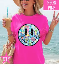 Blue Floral Beachy Smiley Comfort Color T-shirt BLC