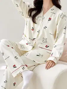 Women's V-Neck Sleepwear Set, Pajama Set, Spring Long Sleeve Top and Pants, Soft Comfortable Home, 2-Piece Lounge Wear for Ladies, Pjs