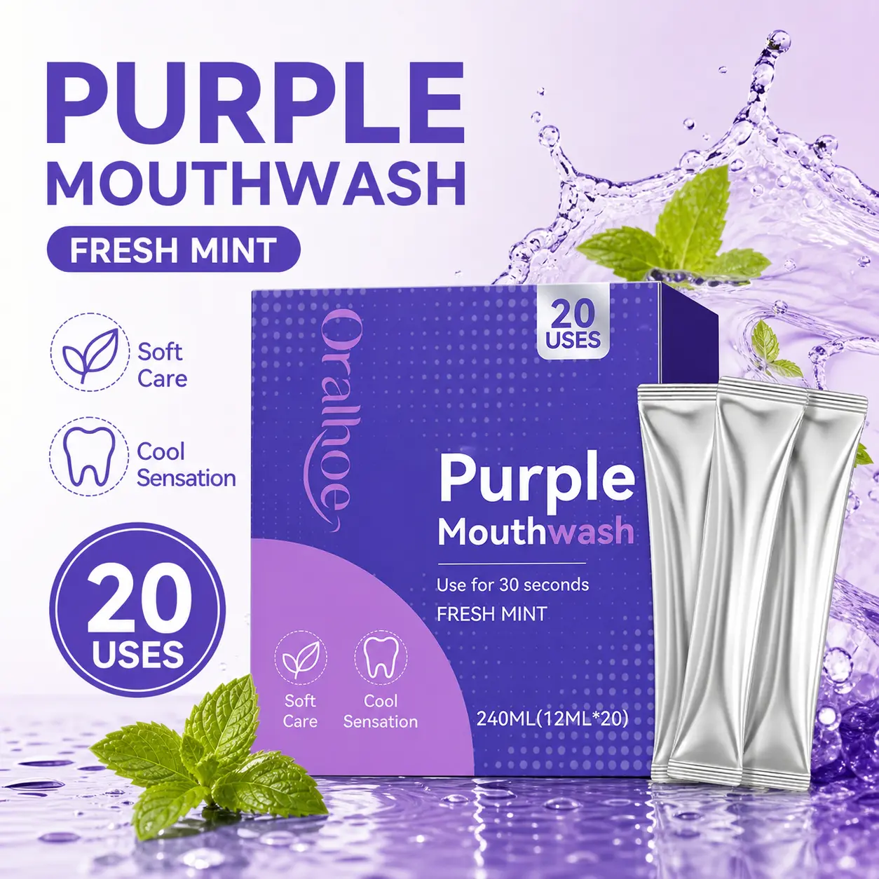 Oralhoe Purple Mouthwash, Fresh Mint Flavor Travel Mouthwash, 20 Packets Individually Wrapped, Gentle Oral Cleansing for Fresh Breath, Portable for Commute Travel & Daily Use