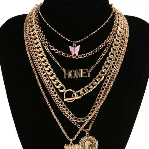 7-Piece Golden Layered Y2K Necklace Set with 'HONEY' Letter, Butterfly & Coin Charms Edgy Chic Fashionable Accessory, Fashion Matching for Daily, Party & Music Festival