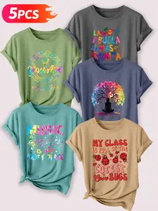 5PCS Positive & Family Themed Women's Casual Short Sleeve Crew Neck Cotton T-Shirt Set – Bestselling Colorful Graphic Print, Multicolor, Machine Washable Spring & Summer Top, Soft Skin-Friendly Fabric, Daily Versatile, Fashion Design