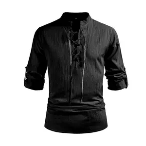 AYJKSEVEN Mens Vintage Pirate Renaissance Costume Pirate Shirt long Sleeve Medieval Viking Gothic Celtic Pirate Vest for Men Menswear Clothing Beige Casual Plain