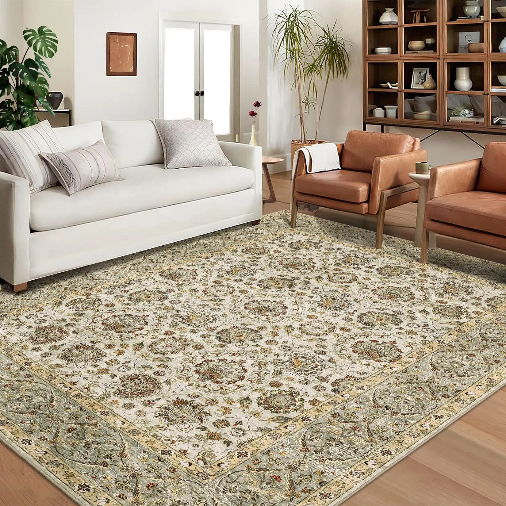 GARVEE Area Rugs 10x13 Washable Light Green Rugs for Living Room Non Slip Vintage Floral Large Area Rug Boho Distressed Printed Indoor Low Pile Carpet for Bedroom Dining Room Indoor Home Office