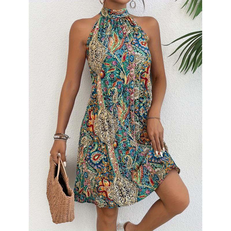 Floral Print Pleated Dress, Elegant Sleeveless Dress For Summer, Women's Clothing Loose Midi Flowery Backless Mini white  dress  girl shein body con summer  outfits prom chain decor Renaissance Lace-Up drop  waist  gown