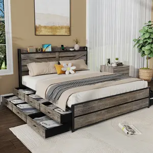 Queen/King Size Oak Wood Platform Bed Frame with Storage Headboard, 12 Drawers, LED Lights, Charging Station, Metal & Wood Construction, Strong Metal Slats, No Box Spring Needed, Noise-Free Mattress Foundation, Bed Frames