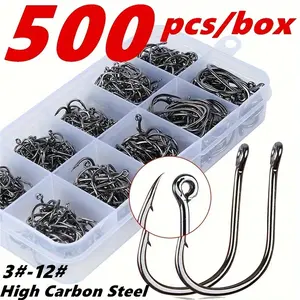 500pcs Premium Carbon Steel Fishing Hooks Size 3-12 with Barbed Design, Sharp Durable Single Hook for Better Fishing Results