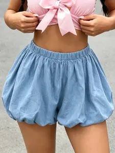 Light Blue High-Waisted Denim Bubble Skirt, Loose-Fitting Short Skirt, Cute Summer Style, Flattering Puff Design, Versatile Fashion Piece