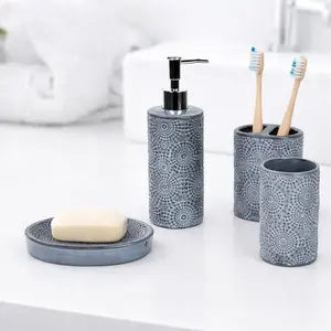 Ceramic Coastal Vanity Set 4PC Includes Liquid Soap Dispenser Soap Dish Toothbrush Holder & Tumbler Brush Holder