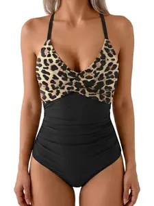 JointlyCreating Women's One Piece Swimsuit Tummy Control Front Cross Bathing Suit Tie Back Slimming V Neck Swimwear Leopard Print