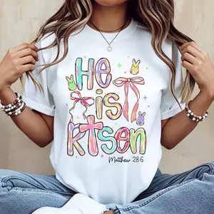 T-Shirt He Is Risen Easter Bunny Bow Design Matthew 286 Christian Religious Spring Celebration Wear