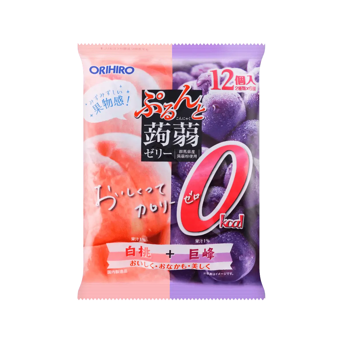 ORIHIRO Low Calorie High Fiber Konjac Peach & Grape Jelly 12 Pieces 7.6 oz - Zero Fat Delicious Snack