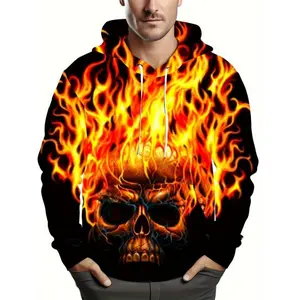 [Plus Size Skull Hoodie Pullover] Men's Plus Size Hoodie, 3D Printed Skull with Flames, Casual Party Style, Polyester, Stretchy Fabric, Pullover with Drawstring, Regular Fit, Knit Top