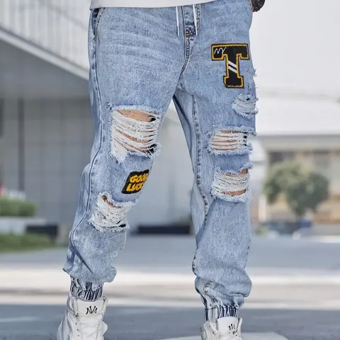 Men's Patched Ripped Distressed Knee Leg Jeans Drawstring Waist, Loose Casual Fashion Street for Daily Wear, Men's Trousers for All Seasons, Knee Pants