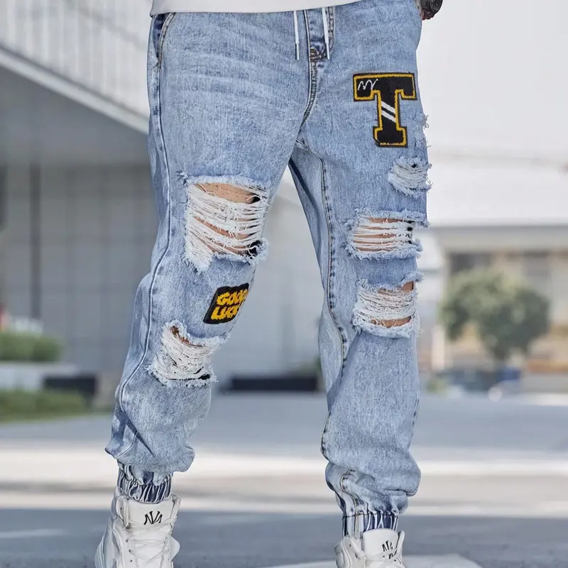 Men's Patched Ripped Distressed Knee Leg Jeans Drawstring Waist, Loose Casual Fashion Street for Daily Wear, Men's Trousers for All Seasons, Knee Pants