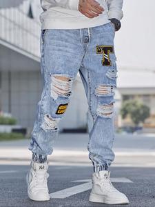 men's patched ripped drawstring waist jeans, loose casual fashion street jeans for daily wear, men's trousers for all seasons, baggy jeans for men, cotton, denim pants, ripped pocket jeans