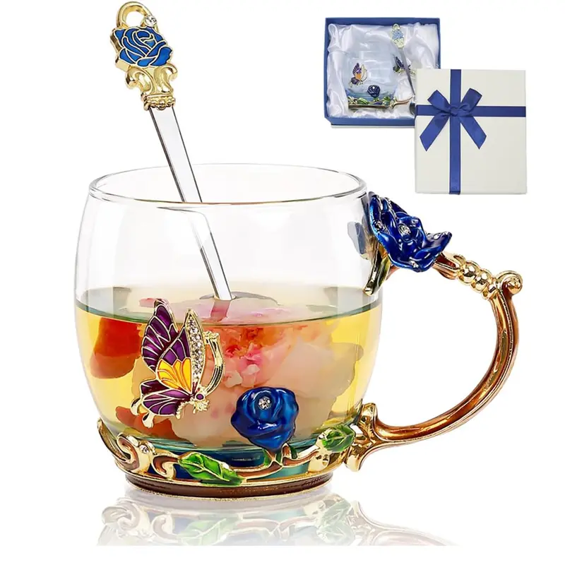 Enamels Butterfly Flower Tea Cup, Glass Coffee Mugs with Spoon, Valentines Mothers Day Graduation Christmas Gifts for Women Wife Mom Her Grandma Girls Teacher Friends, Birthday Present Idea