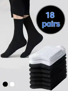 18 pairs Men's black and white striped breathable moisture-wicking mid-calf socks, new trendy business casual, party couple socks, unisex, high-quality fabric suitable for all seasons, perfect for various festivals and occasions.
