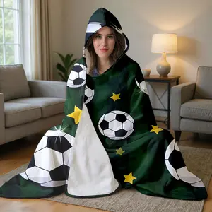 1pc Soccer Ball & Star Pattern Hooded Blanket Flannel Wearable Throw Oversized Comfy Cloak for Lounging Gaming Watching TV Reading Camping Napping Winter Adults Gift.