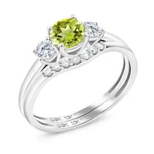 10K White Gold Green Peridot and White Lab Grown Diamond 3-Stone Bridal Engagement Wedding Ring Set For Women (0.79 Cttw, Gemstone August Birthstone, Round 5MM)