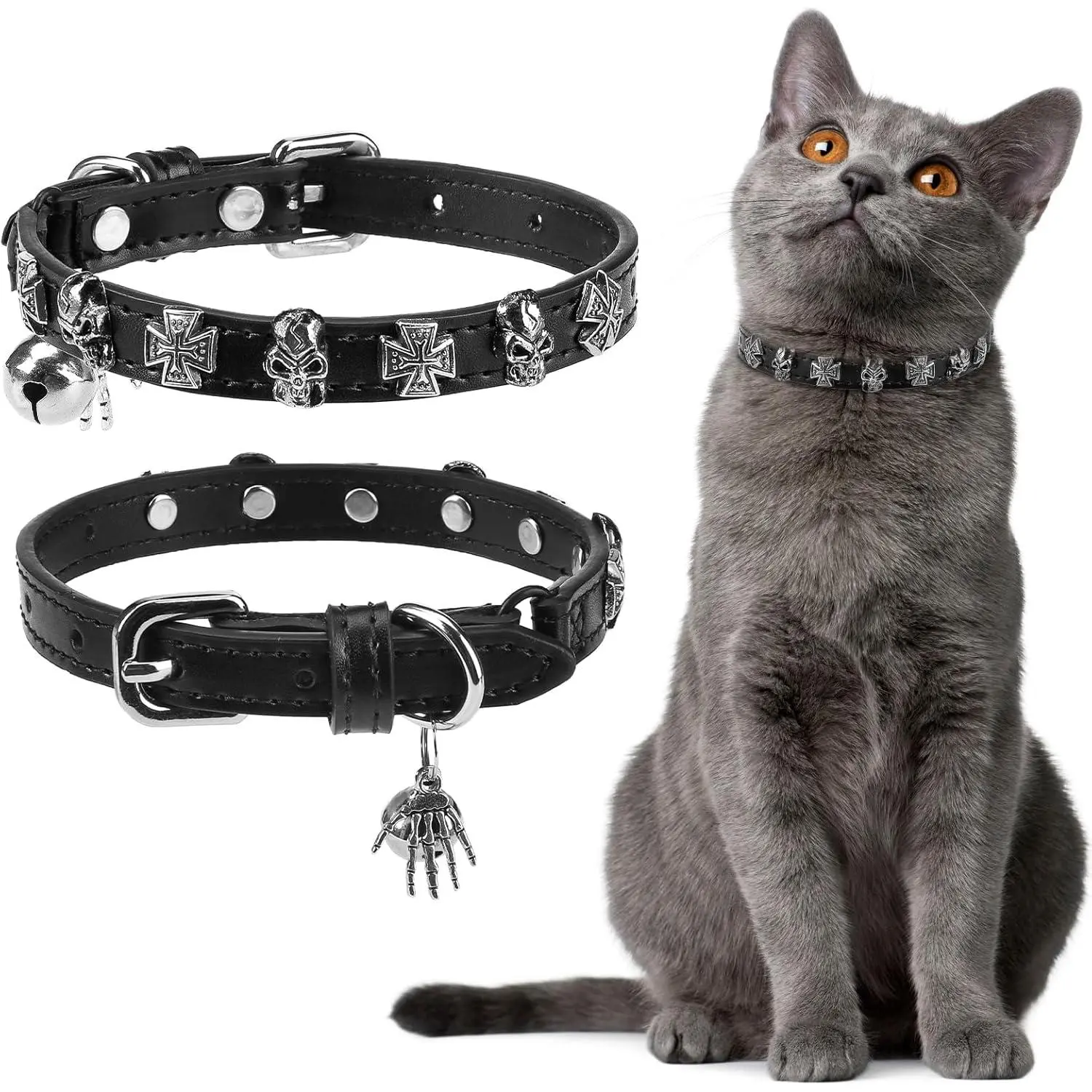 Halloween Leather Cat Collar - Adjustable Pet Collar with Rivet Spike for Girl Boy Cats, Punk Accessories with Bell & Durable D-Ring, Star & Moon