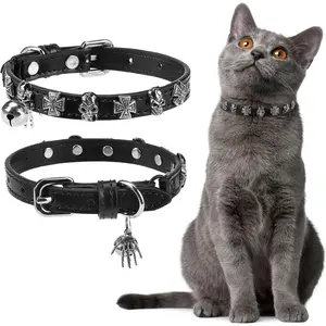 Halloween Leather Cat Collar - Adjustable Pet Collar with Rivet Spike for Girl Boy Cats, Punk Accessories with Bell & Durable D-Ring, Star & Moon