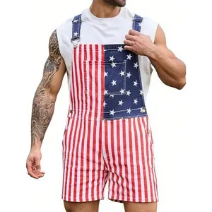 Mens and Women American Flag Overalls Denim Bib Shorts Romper Adjustable Strap with Pockets USA 250th Birthday Gifts for Couples Father's Day Workwear Summer Fashion Menswears Daily Outdoors Outfits