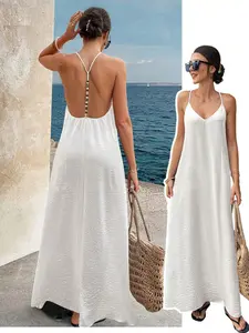 Fashion Casual V-Neck Long Dress for Women, Sleeveless Solid Color Summer Dress, Loose-Fitting Minimalist Vacation Style Elegance Womenswear