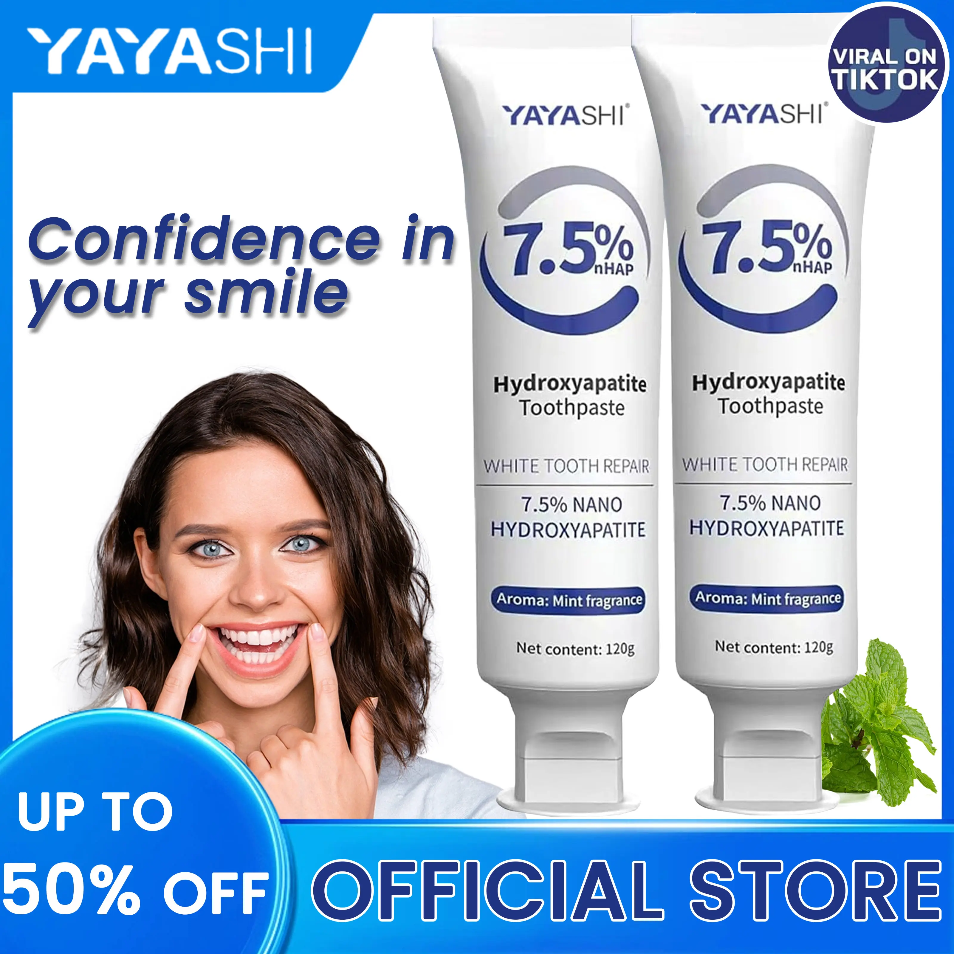 YAYASHI 2PCS Multi-Pack 7.5% Nano-Hydroxyapatite Toothpaste - Fluoride-Free Mint Oral Care, Gentle Daily Teeth Enamel Restore, Remineralize, Sensitive Relief, Natural Pearly Whites Whitening