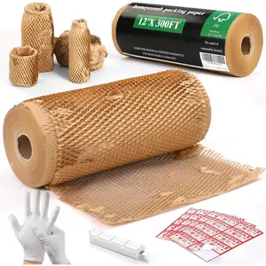 12" x 300Ft Honeycomb Packing Paper for Moving - FSC Certified  Wrapping Paper for Fragile Items, Includes 40 Fragile Stickers, White Gloves & Safety