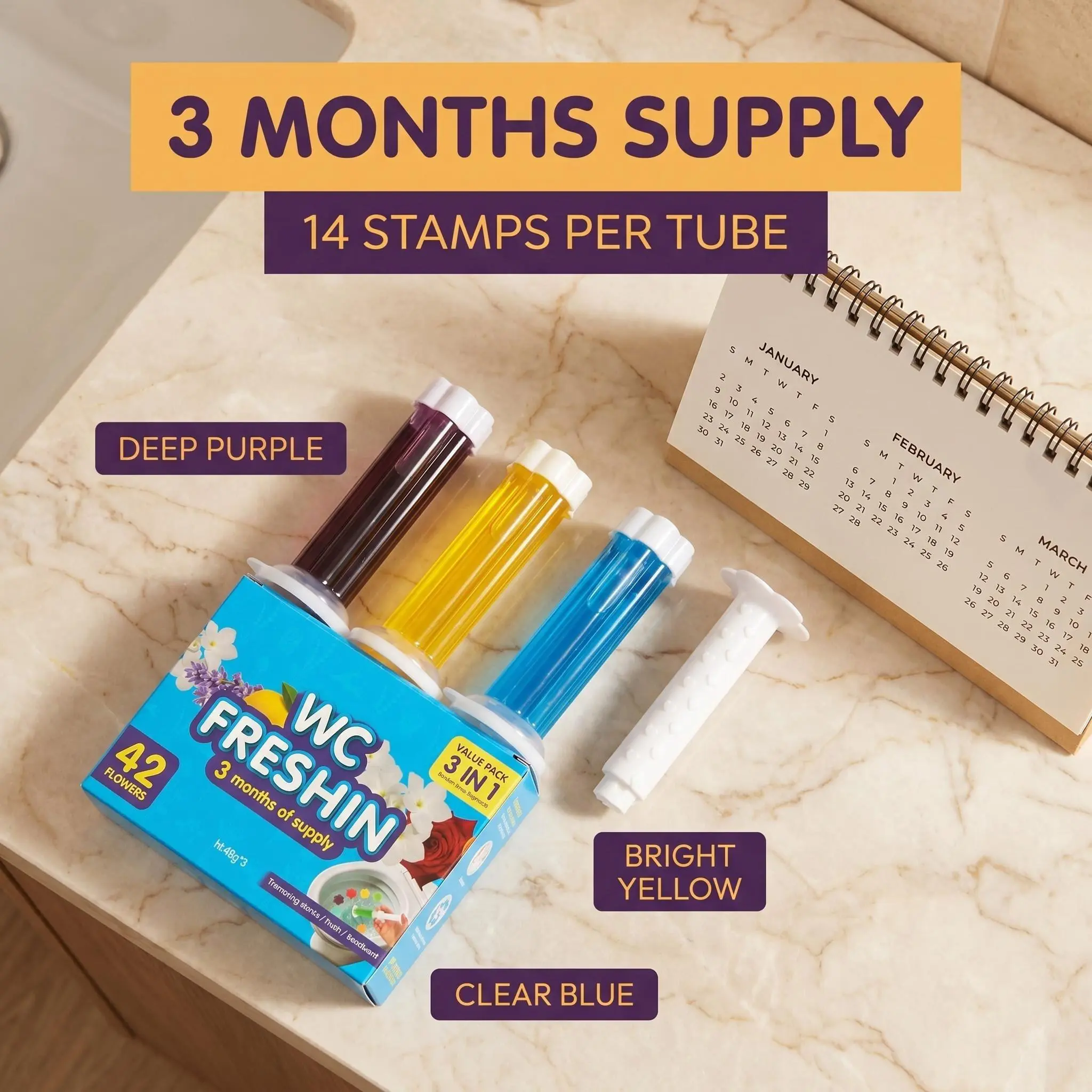 Toilet Bowl Gel Stamp Cleaner, 42 Long-Lasting Flower Scent Stamps, Automatic Toilet Cleaner Gel, No-Touch Rim Freshener & Deodorizer, 3 Pack Up to 3 Months Freshness